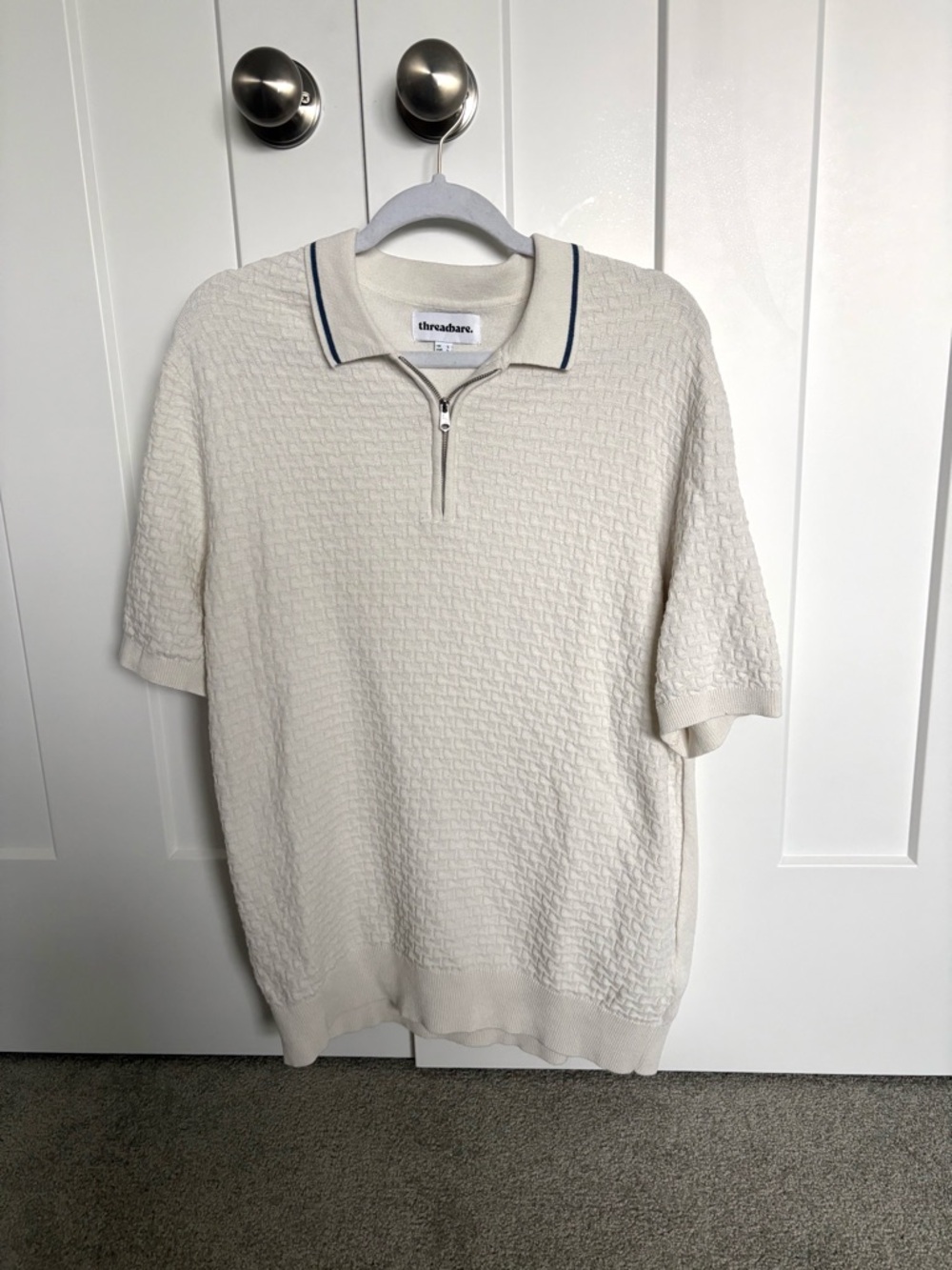 Threadbare Cream Knit Polo Zip Sweater - Men